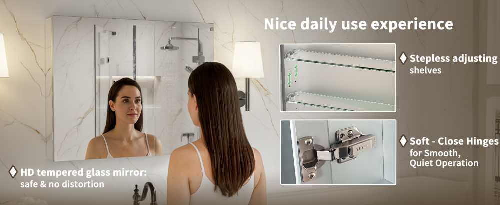 16" W x 24" Rectangular Medicine Cabinet with Mirror in Silver, Adjustable Shelves, Soft-Close Hinges, Side Mirror Equipped