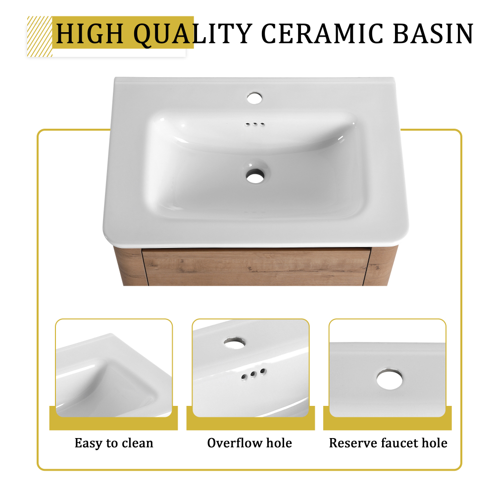 28'' Wall-Mounted Bathroom Vanity with White Ceramic Sink & 1-Soft-Close Door, KD-Packing, Plywood