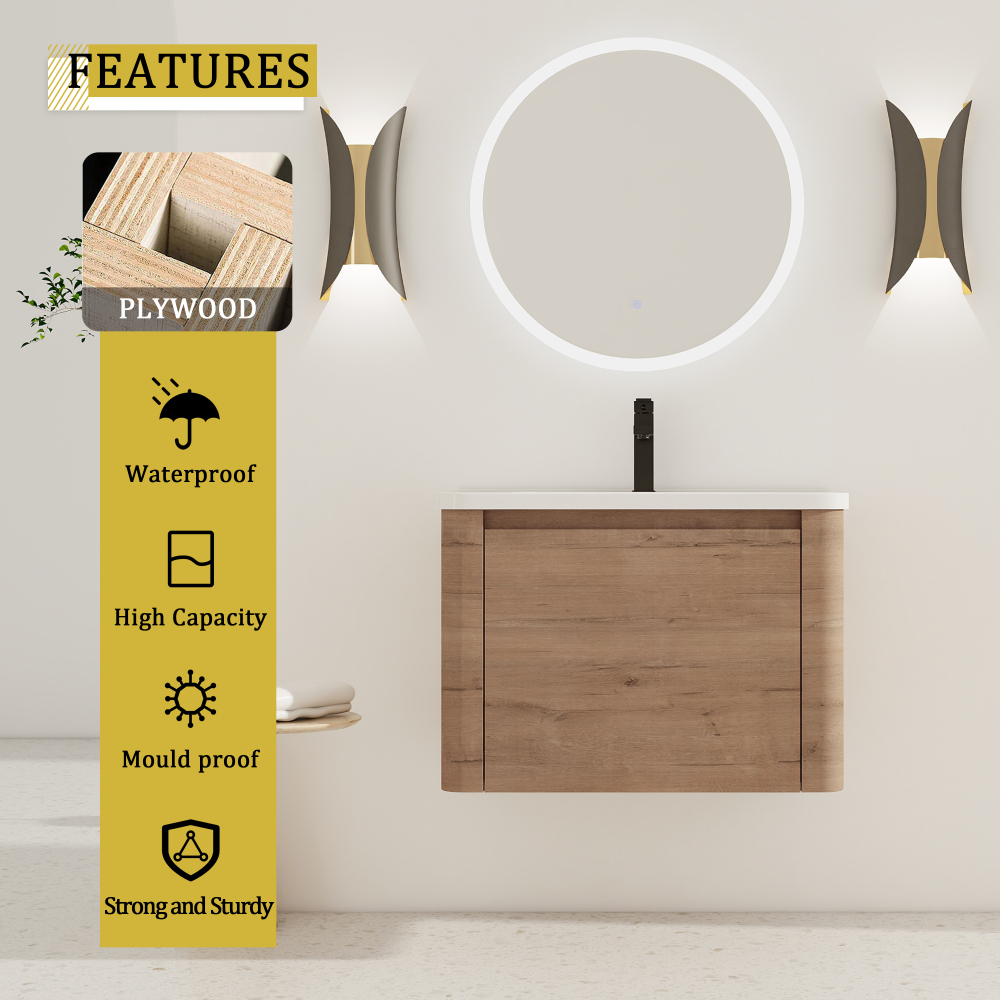 28'' Wall-Mounted Bathroom Vanity with White Ceramic Sink & 1-Soft-Close Door, KD-Packing, Plywood