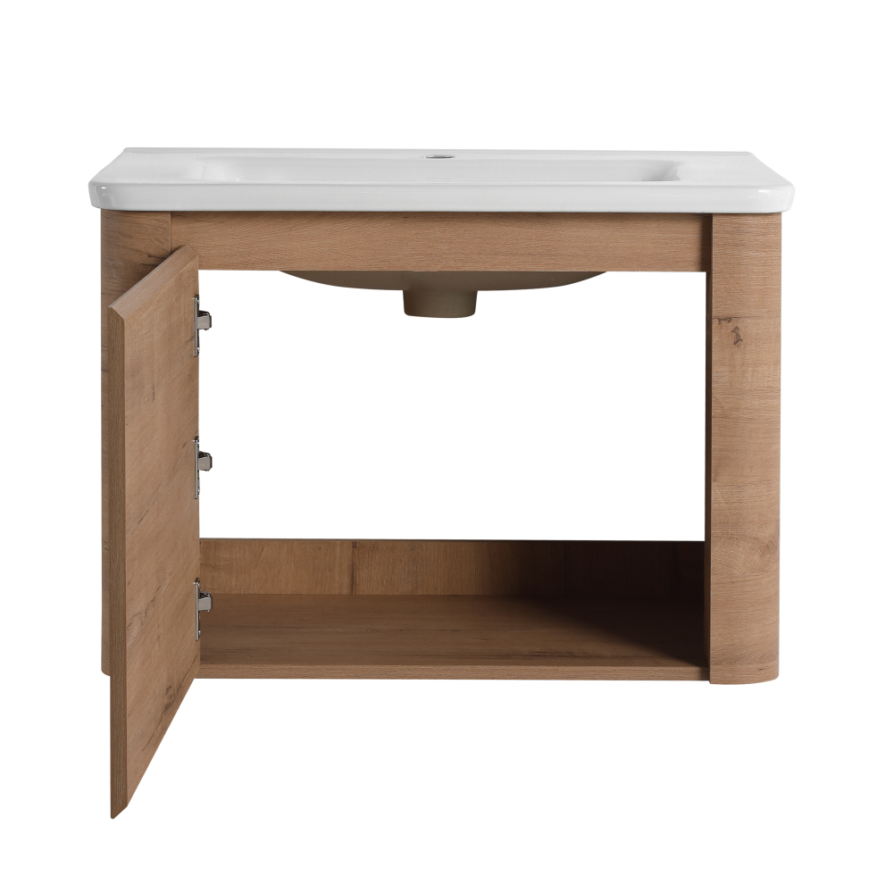 28'' Wall-Mounted Bathroom Vanity with White Ceramic Sink & 1-Soft-Close Door, KD-Packing, Plywood