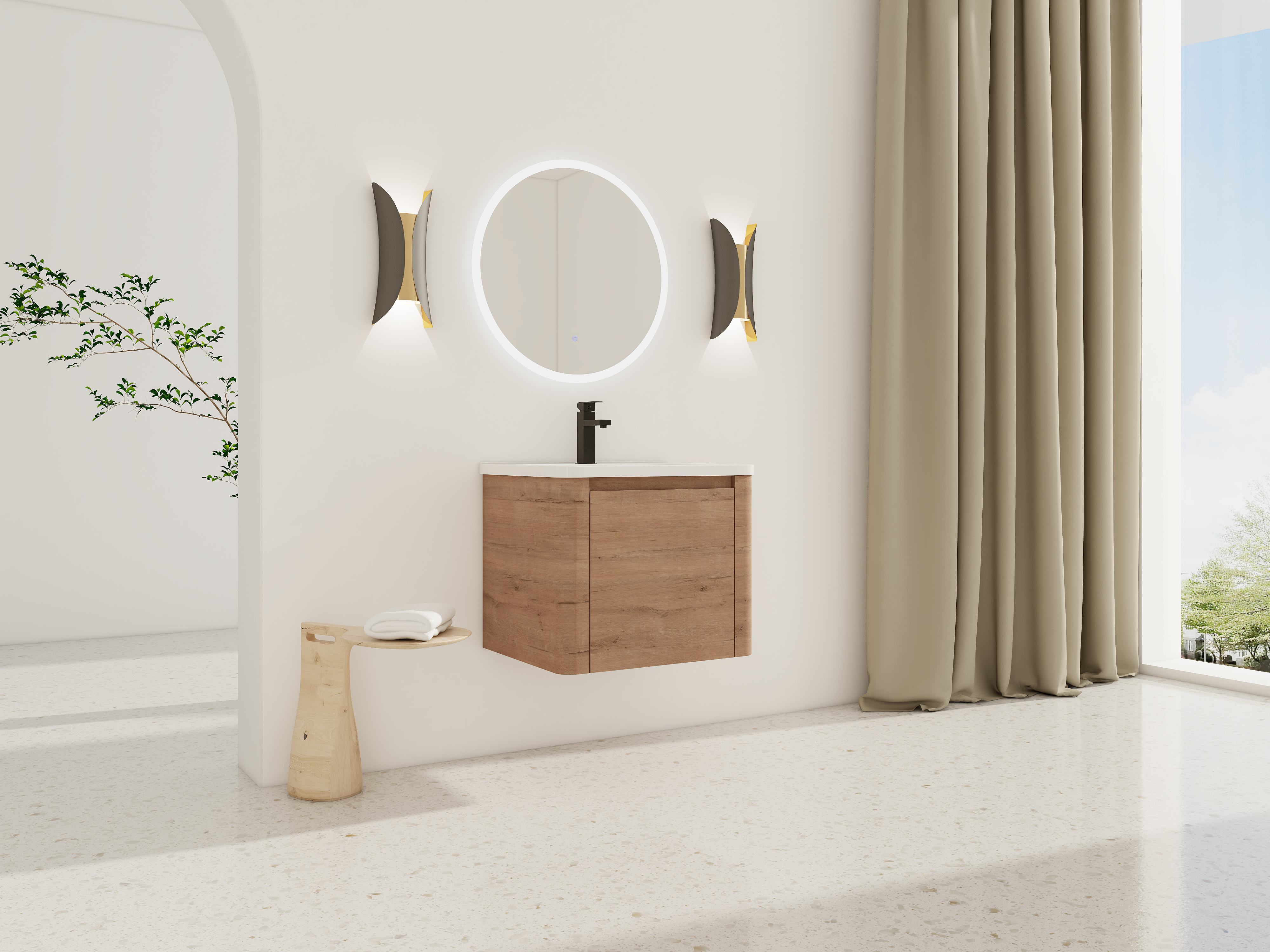 24'' Wall-Mounted Bathroom Vanity with White Ceramic Sink & 1-Soft-Close Door, KD-Packing, Plywood