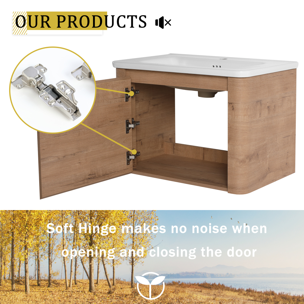 28'' Wall-Mounted Bathroom Vanity with White Ceramic Sink & 1-Soft-Close Door, KD-Packing, Plywood