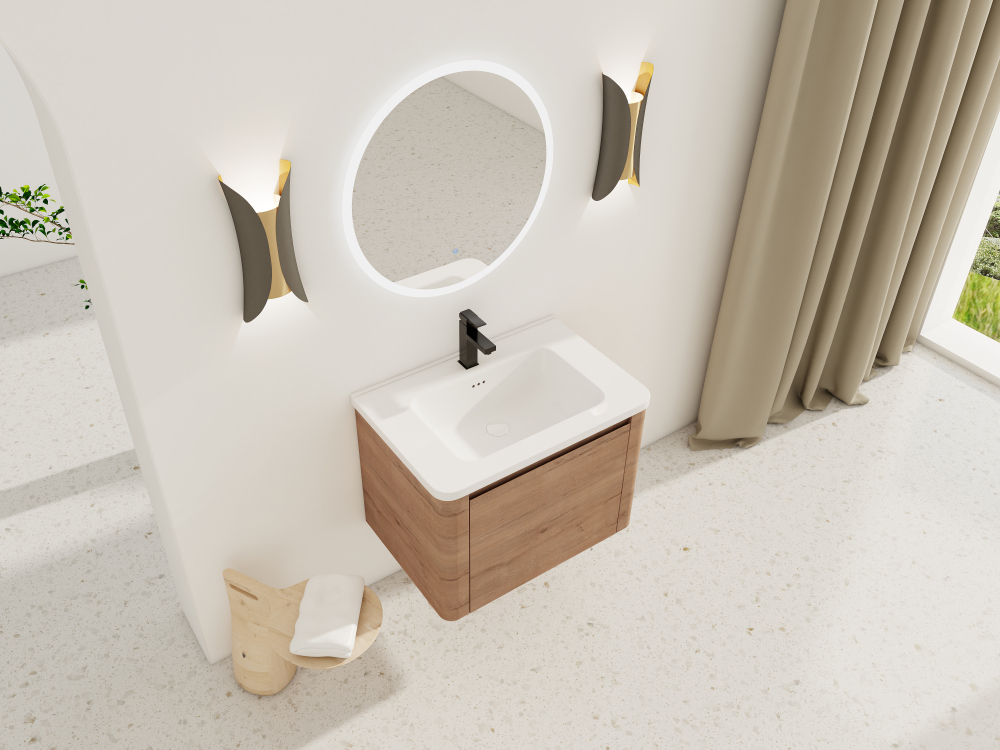 28'' Wall-Mounted Bathroom Vanity with White Ceramic Sink & 1-Soft-Close Door, KD-Packing, Plywood