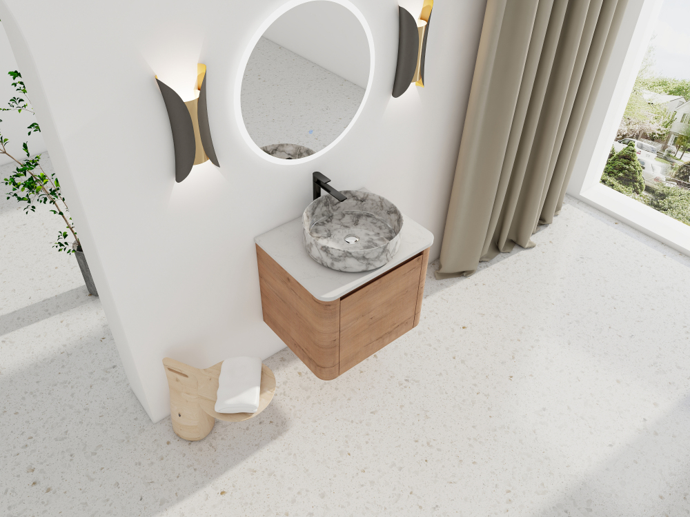 24'' Wall-Mounted Bathroom Vanity With Ceramic Art Sink & 1-Soft-Close Door, KD-Packing, Plywood