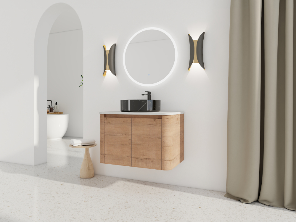 30'' Wall-Mounted Bathroom Vanity With Ceramic Art Sink & 2-Soft-Close Door, KD-Packing, Plywood