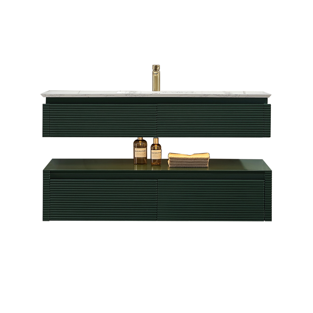 48" Solid Oak Two-Tier Bathroom Vanity with Porcelain Sink and Open Center Storage, Green