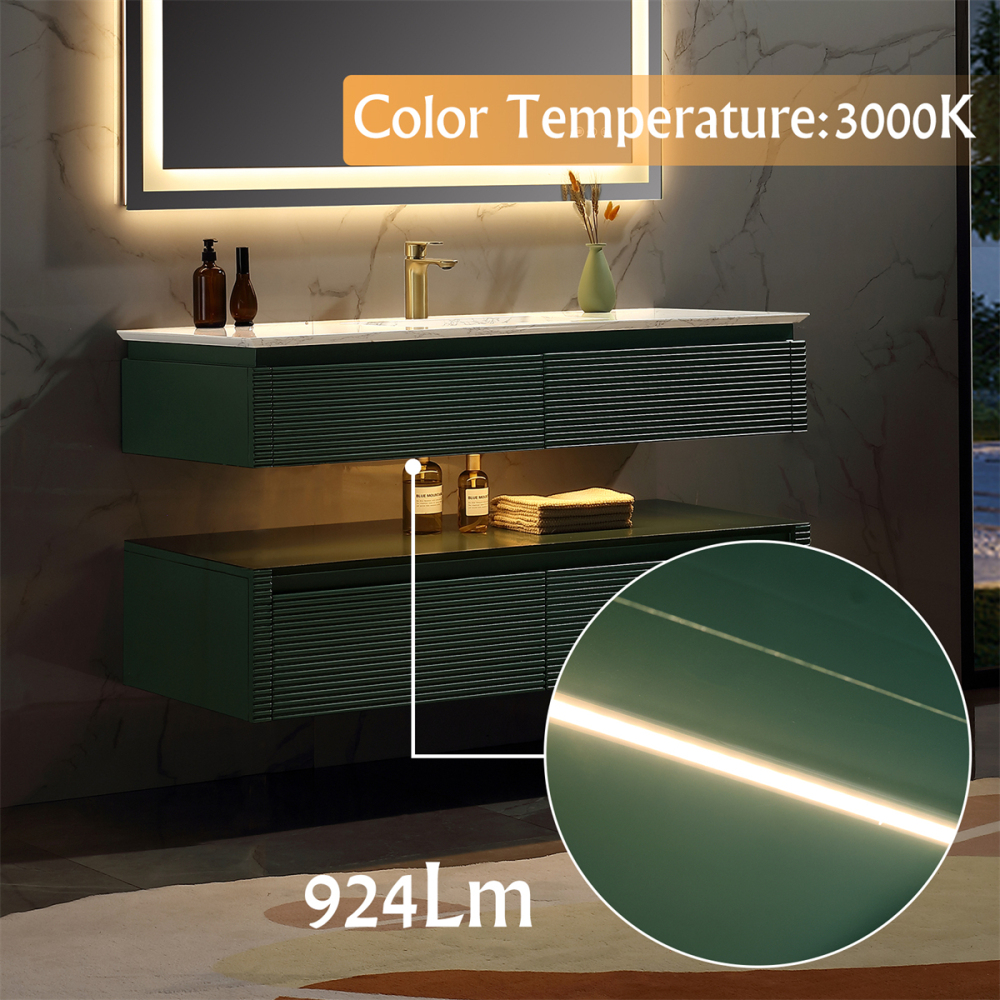 48" Solid Oak Two-Tier Bathroom Vanity with Porcelain Sink and Open Center Storage, Green