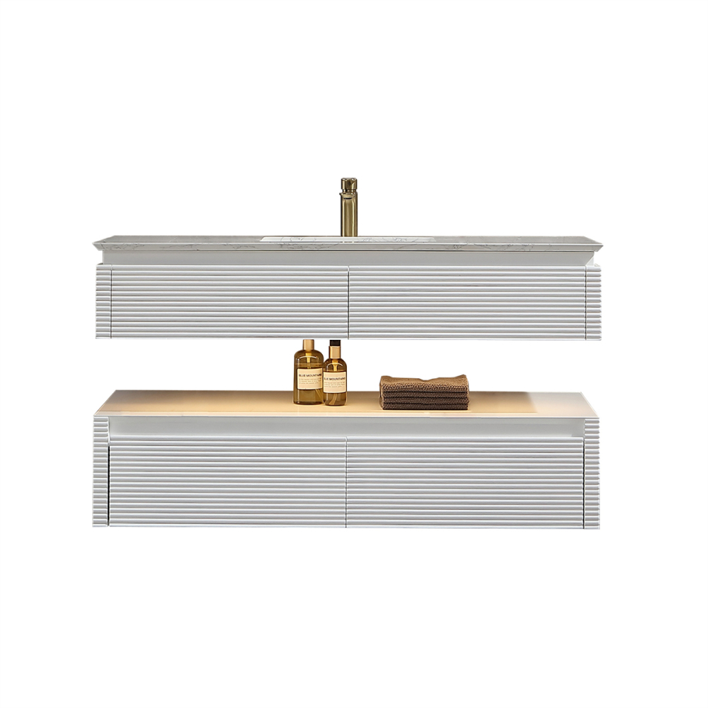 48" Solid Oak Two-Tier Bathroom Vanity with Porcelain Sink and Open Center Storage, White