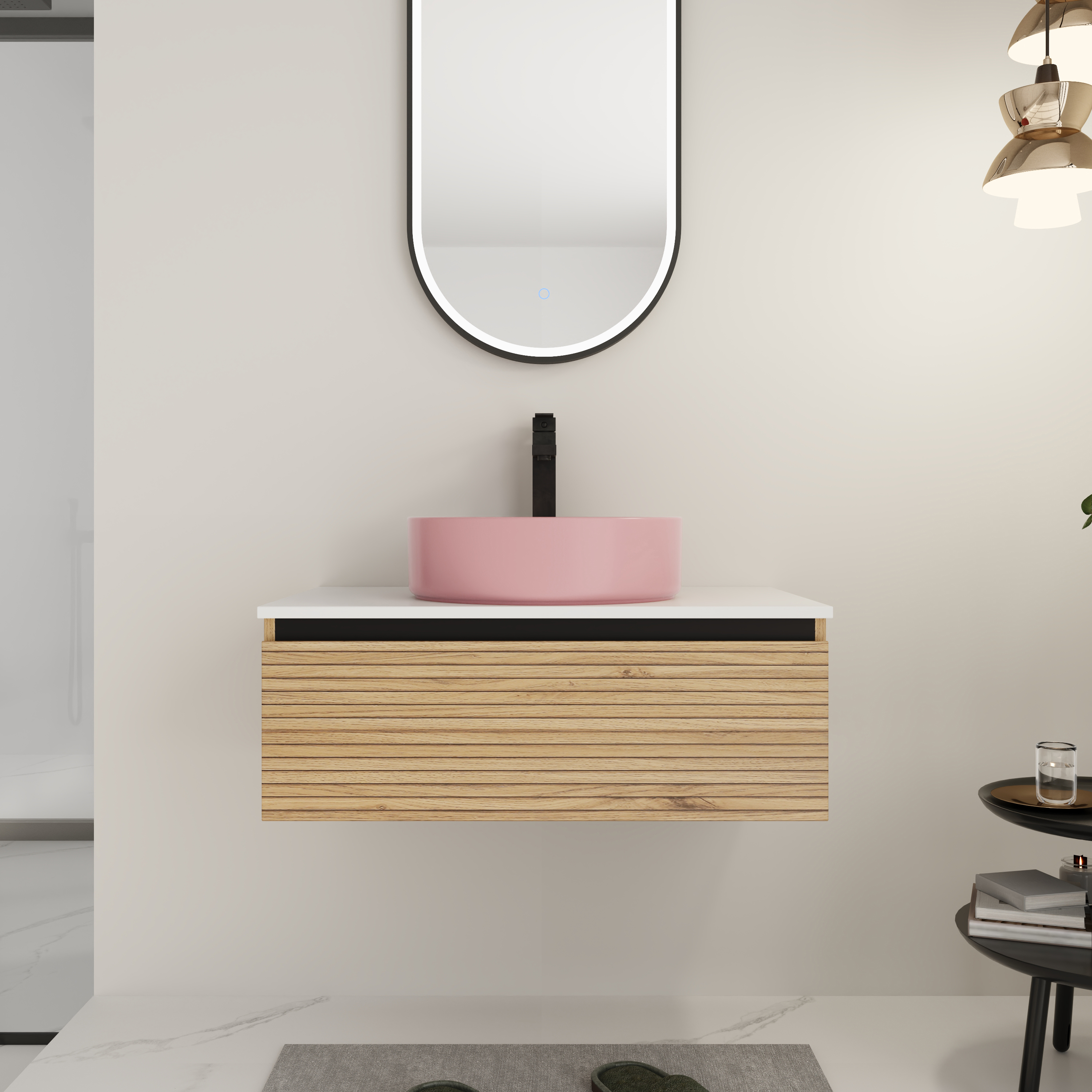 30'' Wall-Mounted Bathroom Vanity with Pink Art Ceramic Sink & 1-Soft-Close Drawer, Plywood