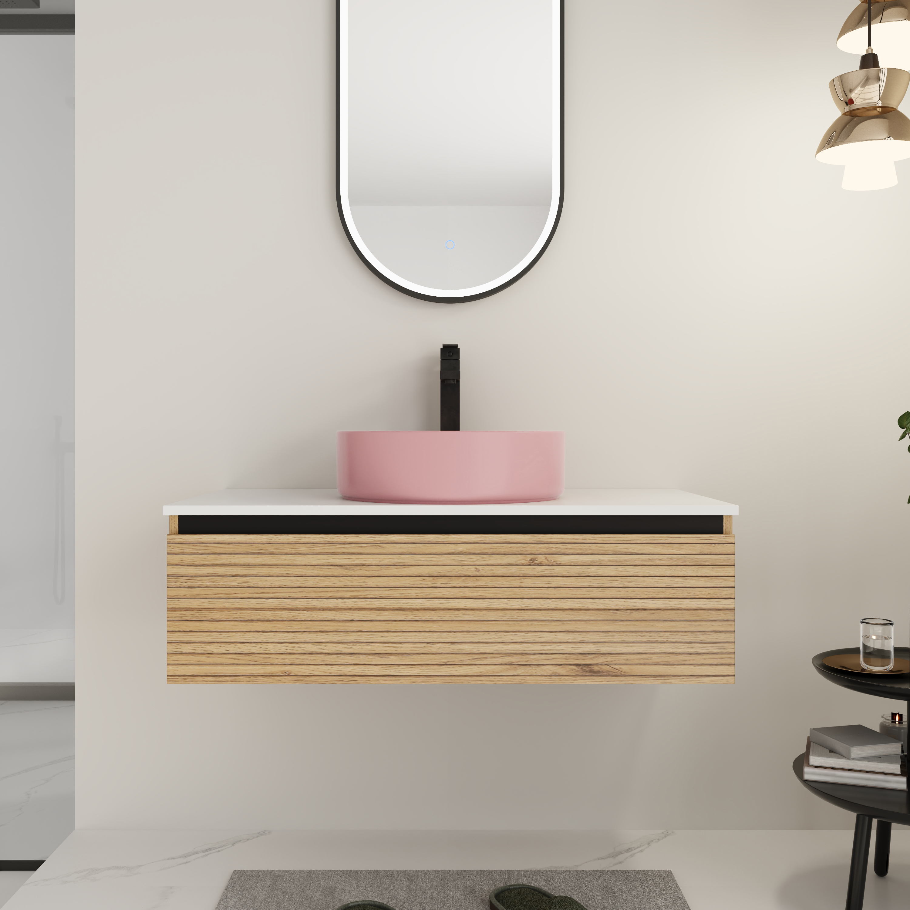 36'' Wall-Mounted Bathroom Vanity with Pink Art Ceramic Sink & 1-Soft-Close Drawer, Plywood