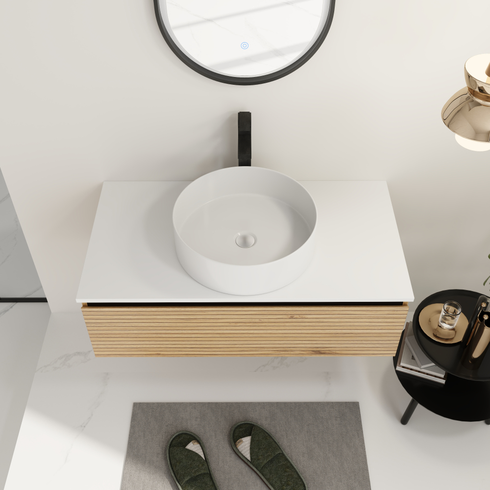 36'' Wall-Mounted Bathroom Vanity with White Art Ceramic Sink & 1-Soft-Close Drawer