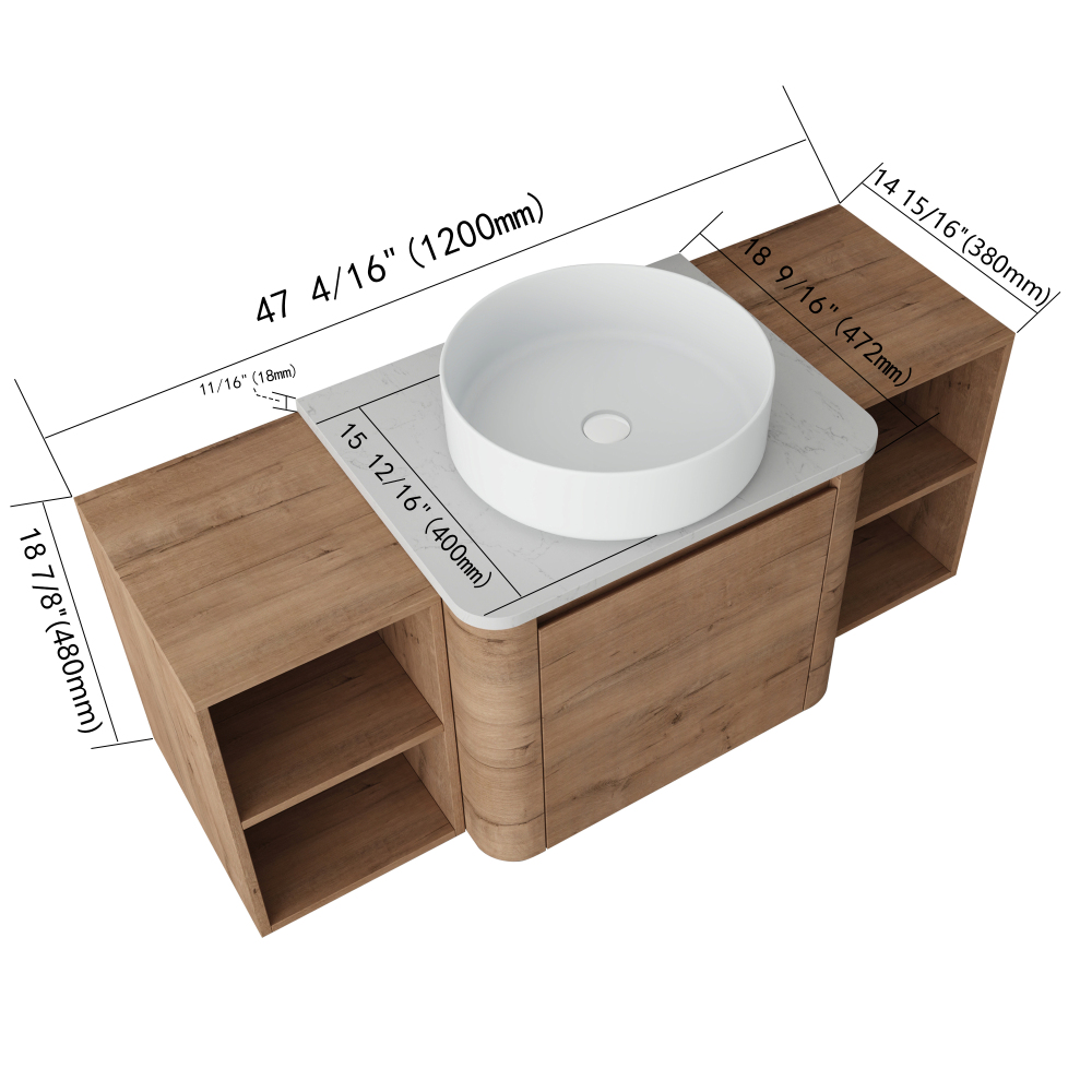 48'' Wall-Mounted Bathroom Vanity With Ceramic Art Sink, and 2-Storage Shelves, Soft-Close Door, KD-Packing, Plywood