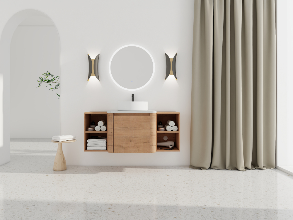 48'' Wall-Mounted Bathroom Vanity With Ceramic Art Sink, and 2-Storage Shelves, Soft-Close Door, KD-Packing, Plywood