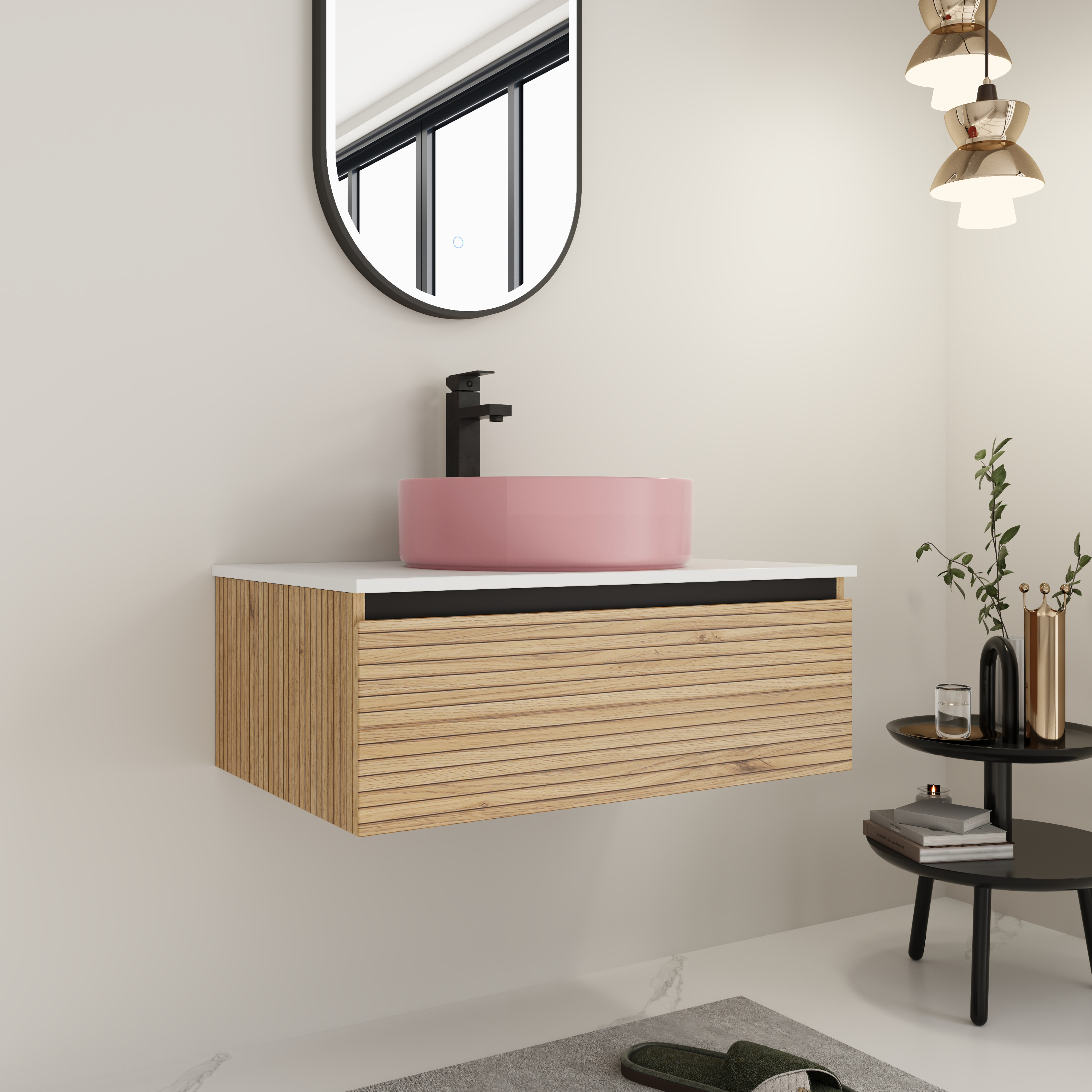 30'' Wall-Mounted Bathroom Vanity with Pink Art Ceramic Sink & 1-Soft-Close Drawer, Plywood