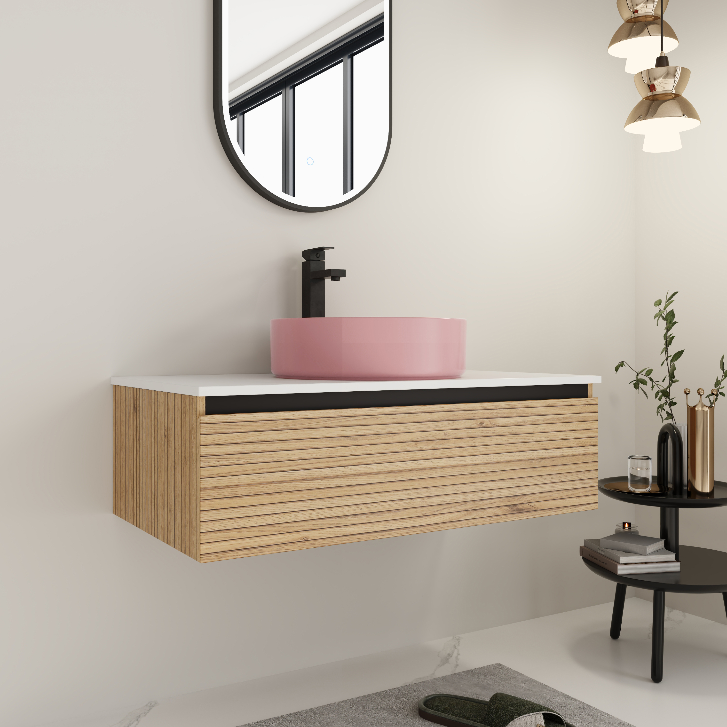 36'' Wall-Mounted Bathroom Vanity with Pink Art Ceramic Sink & 1-Soft-Close Drawer, Plywood