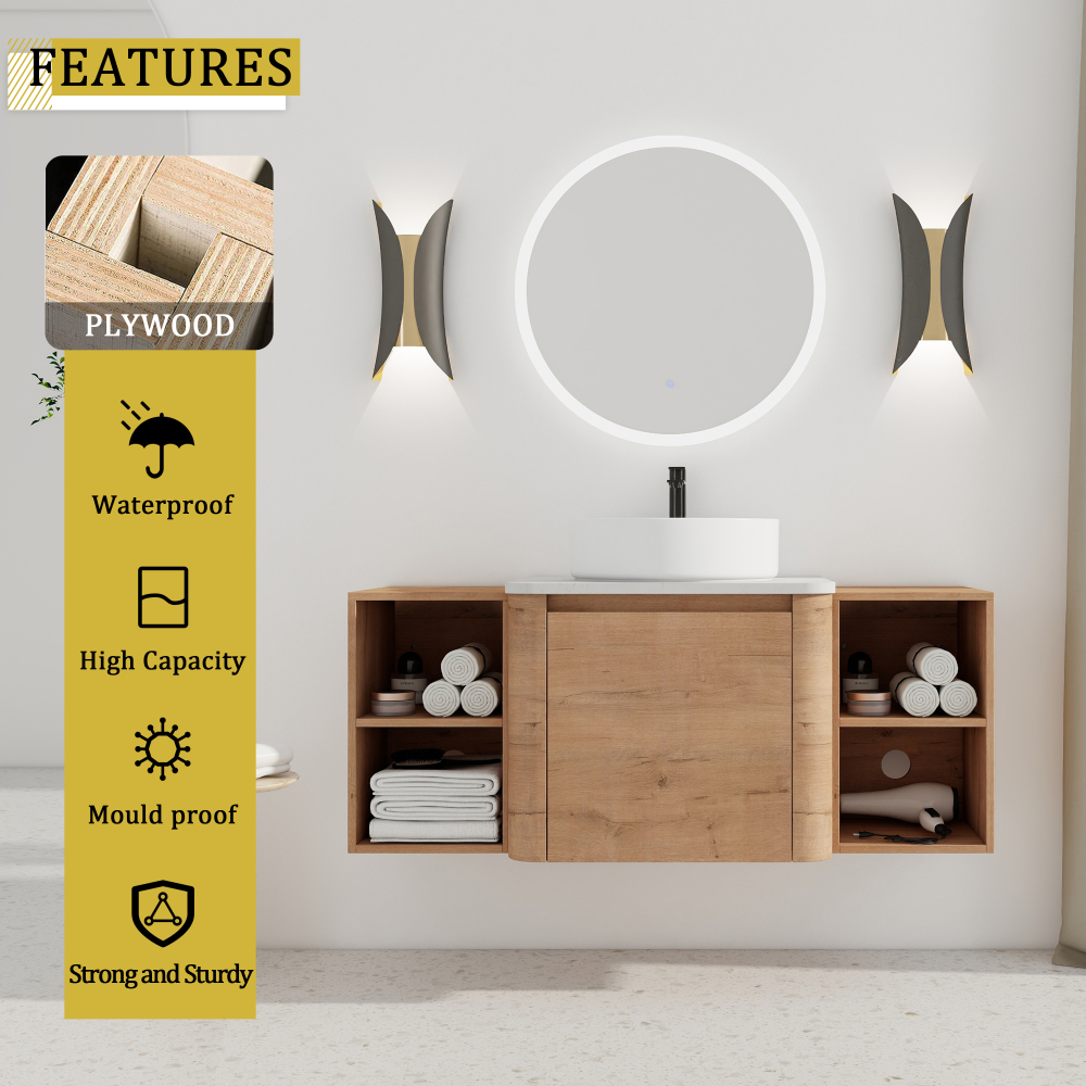 48'' Wall-Mounted Bathroom Vanity With Ceramic Art Sink, and 2-Storage Shelves, Soft-Close Door, KD-Packing, Plywood