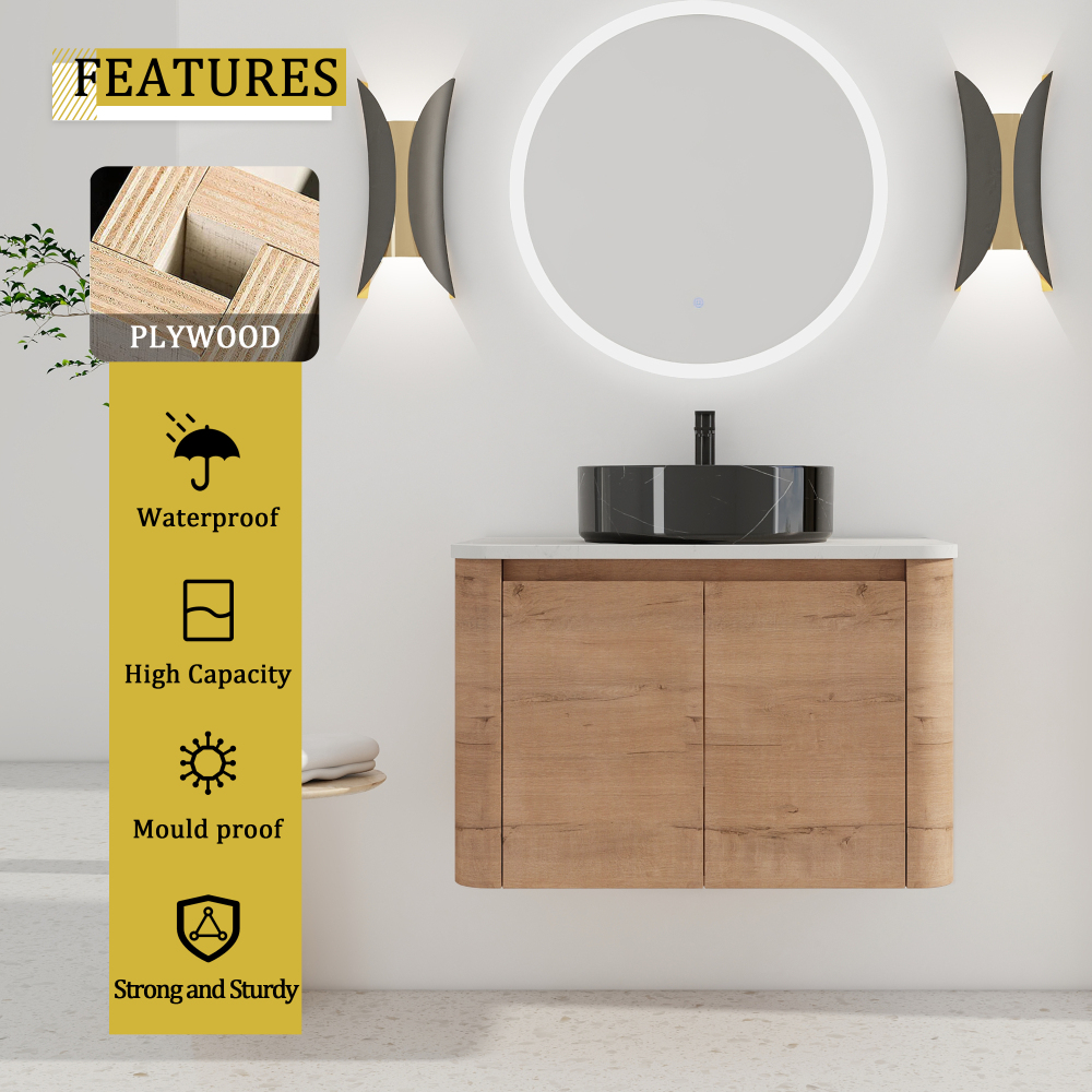 30'' Wall-Mounted Bathroom Vanity With Ceramic Art Sink & 2-Soft-Close Door, KD-Packing, Plywood