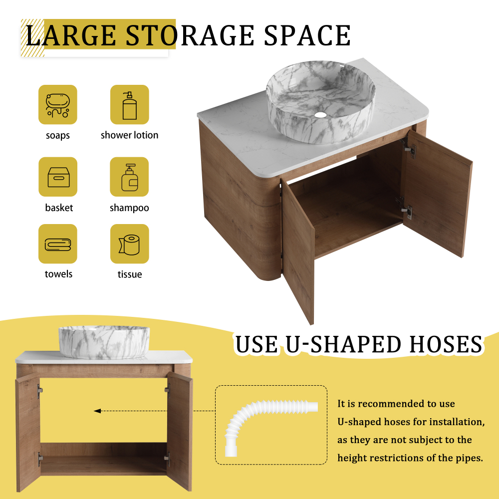 30'' Wall-Mounted Bathroom Vanity With Ceramic Art Sink & 2-Soft-Close Door, KD-Packing, Plywood
