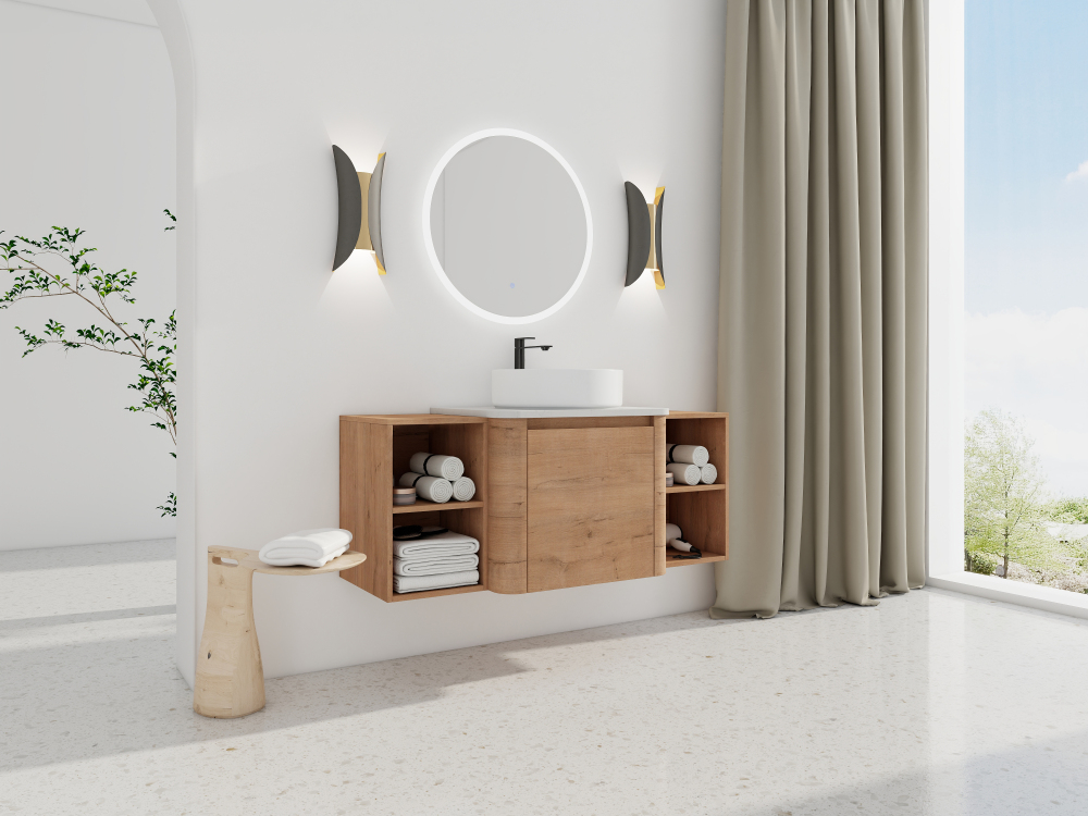 48'' Wall-Mounted Bathroom Vanity With Ceramic Art Sink, and 2-Storage Shelves, Soft-Close Door, KD-Packing, Plywood