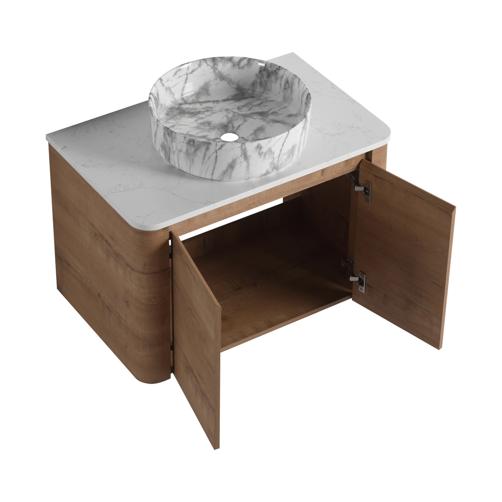 30'' Wall-Mounted Bathroom Vanity With Ceramic Art Sink & 2-Soft-Close Door, KD-Packing, Plywood