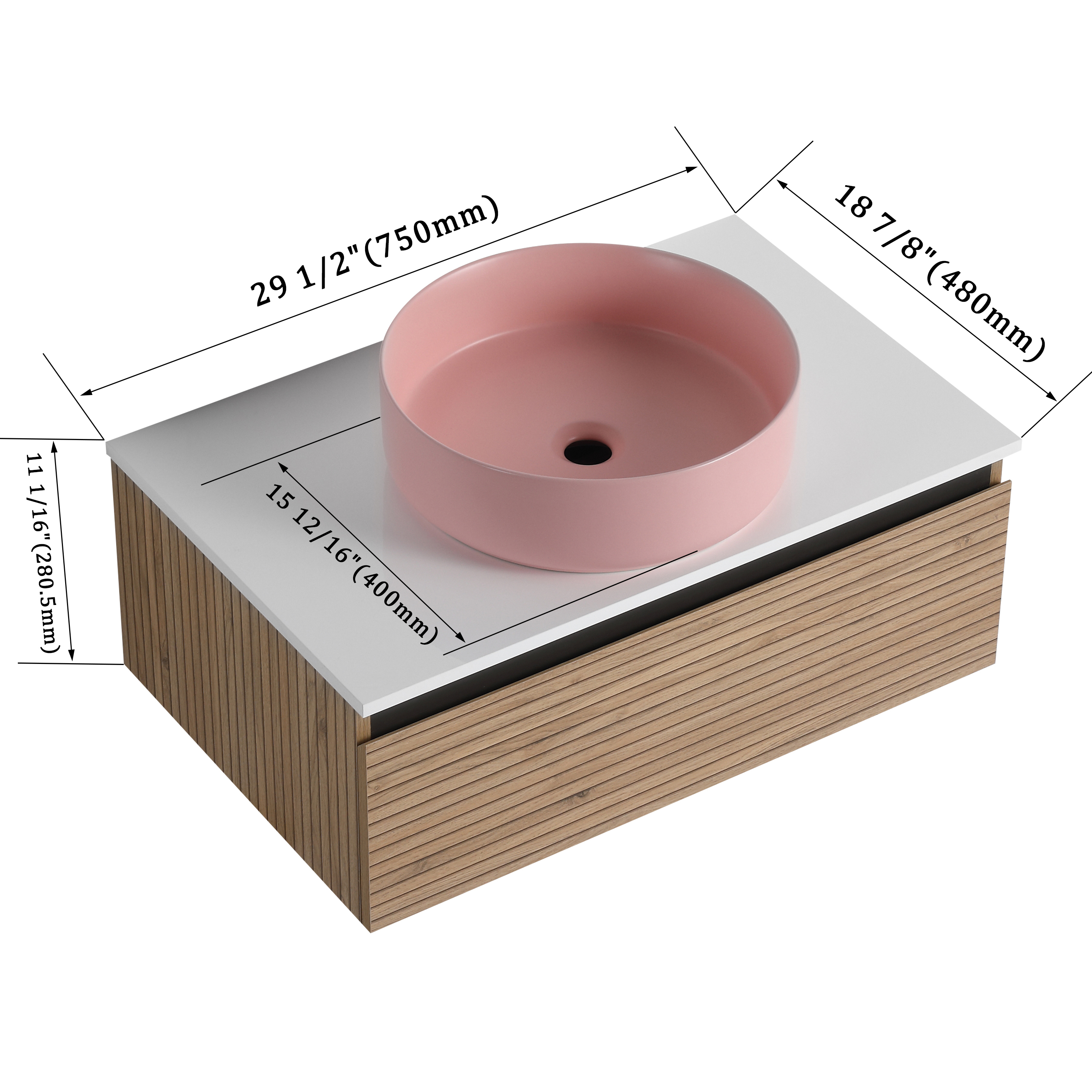 30'' Wall-Mounted Bathroom Vanity with Pink Art Ceramic Sink & 1-Soft-Close Drawer, Plywood