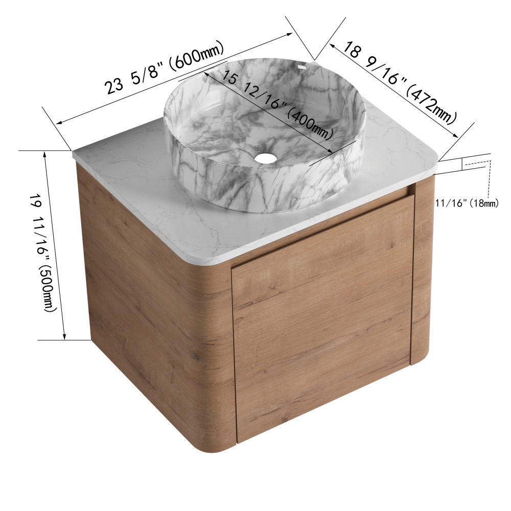 24'' Wall-Mounted Bathroom Vanity With Ceramic Art Sink & 1-Soft-Close Door, KD-Packing, Plywood