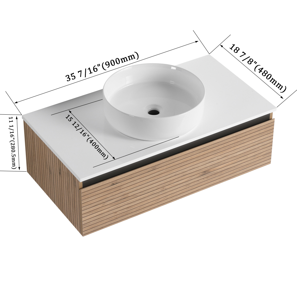 36'' Wall-Mounted Bathroom Vanity with White Art Ceramic Sink & 1-Soft-Close Drawer