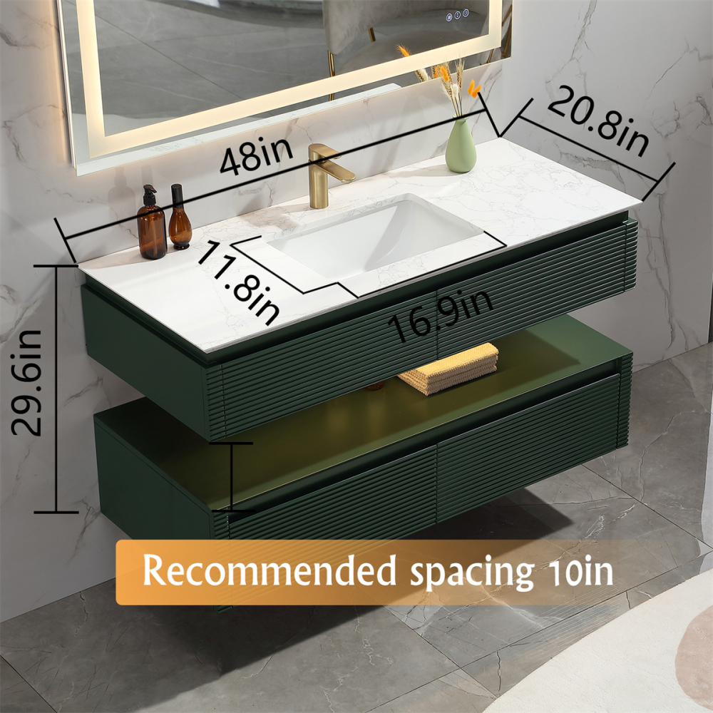 48" Solid Oak Two-Tier Bathroom Vanity with Porcelain Sink and Open Center Storage, Green