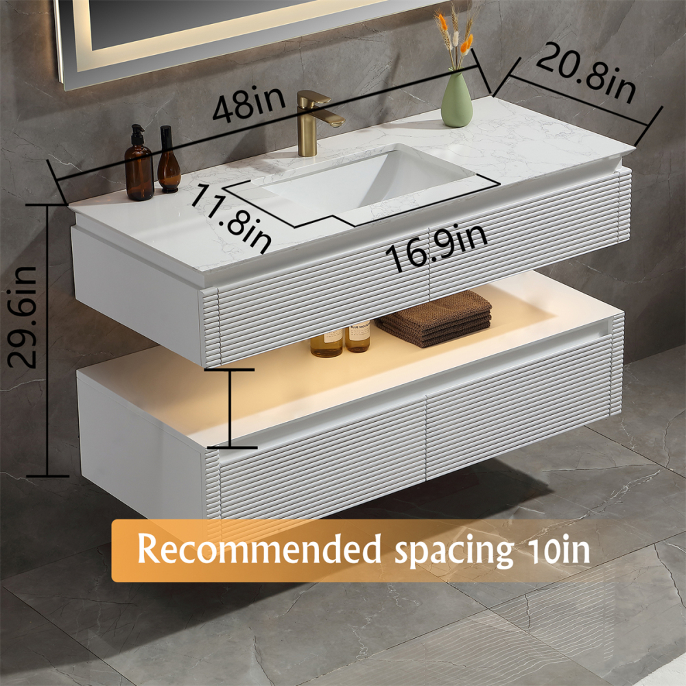 48" Solid Oak Two-Tier Bathroom Vanity with Porcelain Sink and Open Center Storage, White