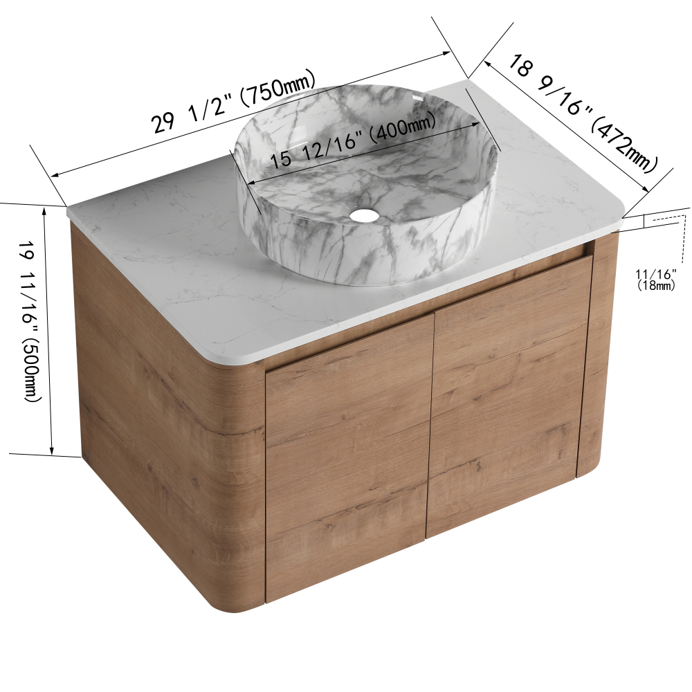 30'' Wall-Mounted Bathroom Vanity With Ceramic Art Sink & 2-Soft-Close Door, KD-Packing, Plywood