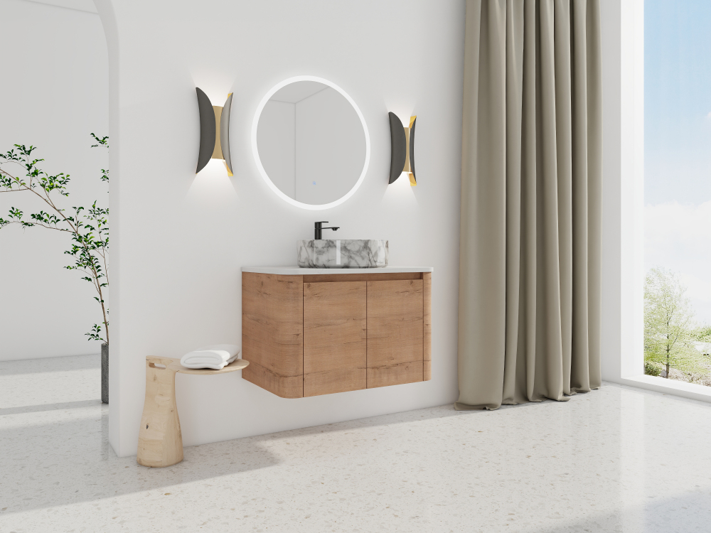 30'' Wall-Mounted Bathroom Vanity With Ceramic Art Sink & 2-Soft-Close Door, KD-Packing, Plywood