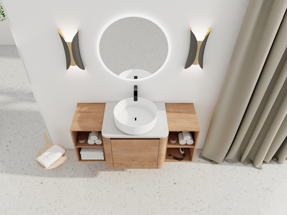 48'' Wall-Mounted Bathroom Vanity With Ceramic Art Sink, and 2-Storage Shelves, Soft-Close Door, KD-Packing, Plywood