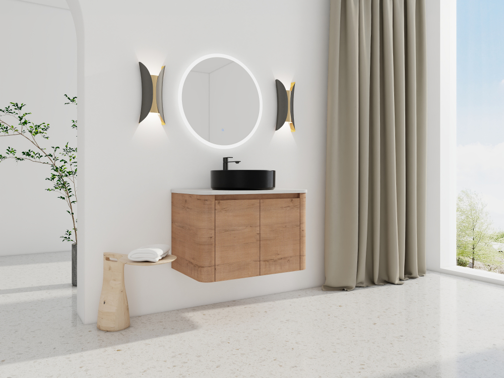 30'' Wall-Mounted Bathroom Vanity With Ceramic Art Sink & 2-Soft-Close Door, KD-Packing, Plywood