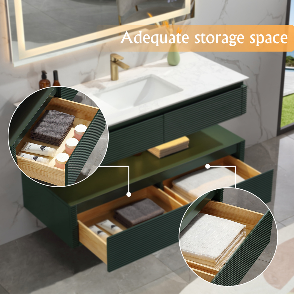 48" Solid Oak Two-Tier Bathroom Vanity with Porcelain Sink and Open Center Storage, Green