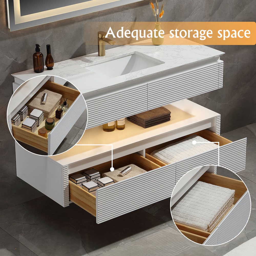 48" Solid Oak Two-Tier Bathroom Vanity with Porcelain Sink and Open Center Storage, White