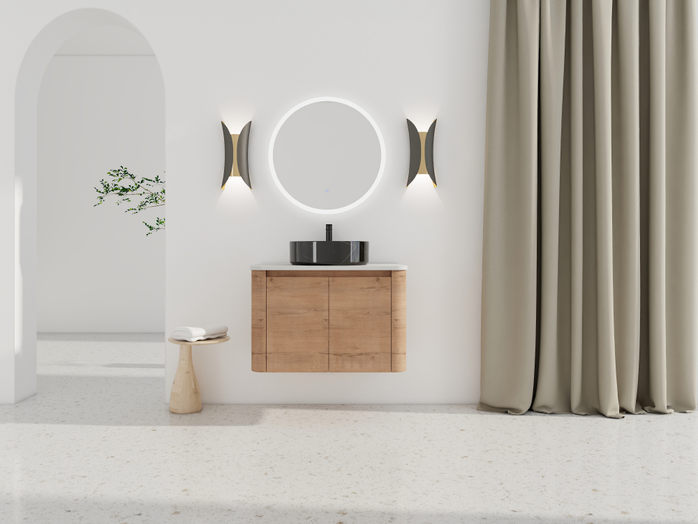 30'' Wall-Mounted Bathroom Vanity With Ceramic Art Sink & 2-Soft-Close Door, KD-Packing, Plywood