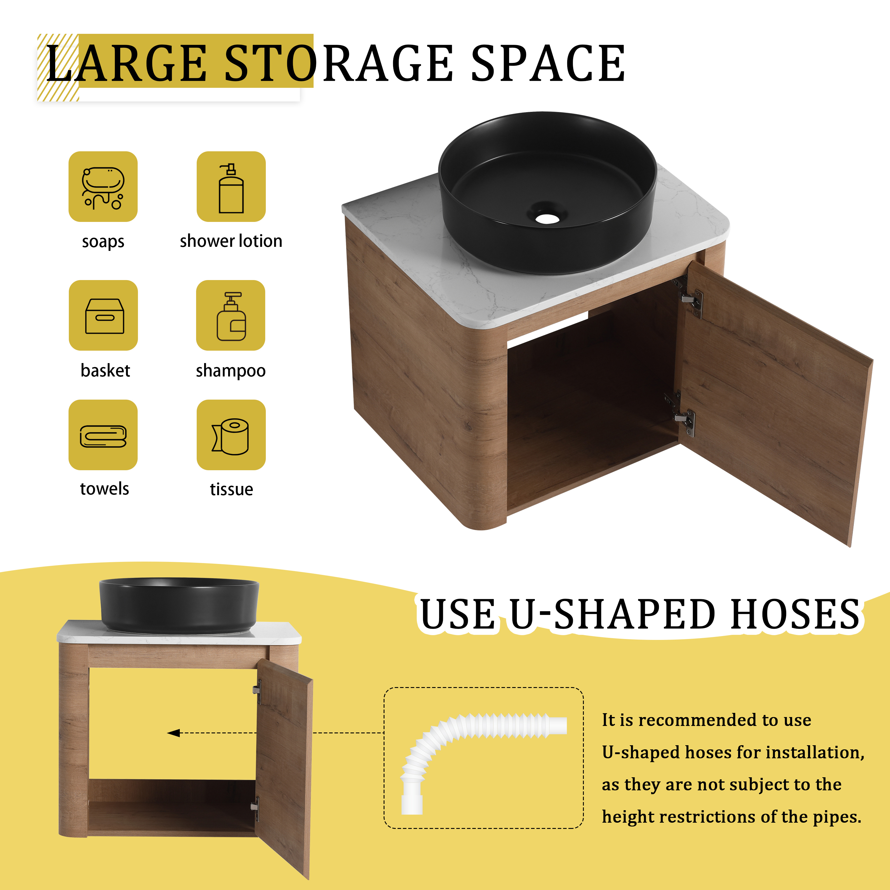 24'' Wall-Mounted Bathroom Vanity With Ceramic Art Sink & 1-Soft-Close Door, KD-Packing, Plywood