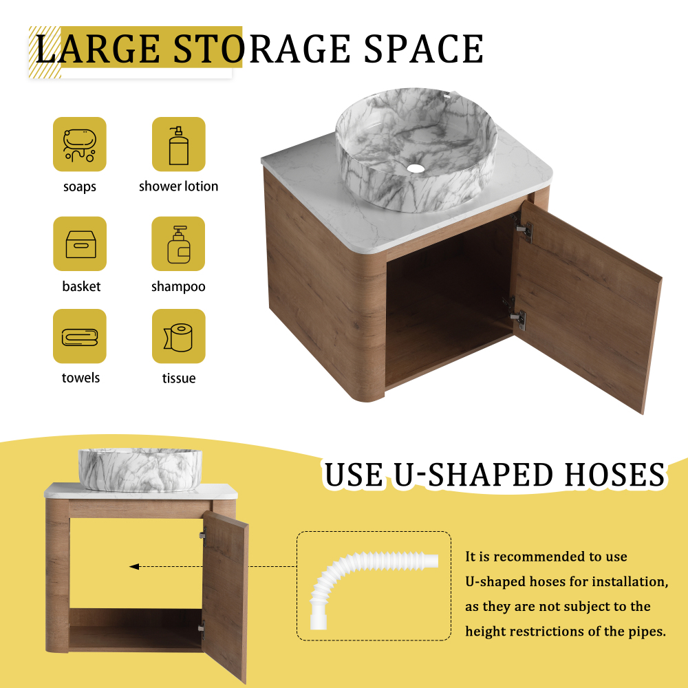 24'' Wall-Mounted Bathroom Vanity With Ceramic Art Sink & 1-Soft-Close Door, KD-Packing, Plywood