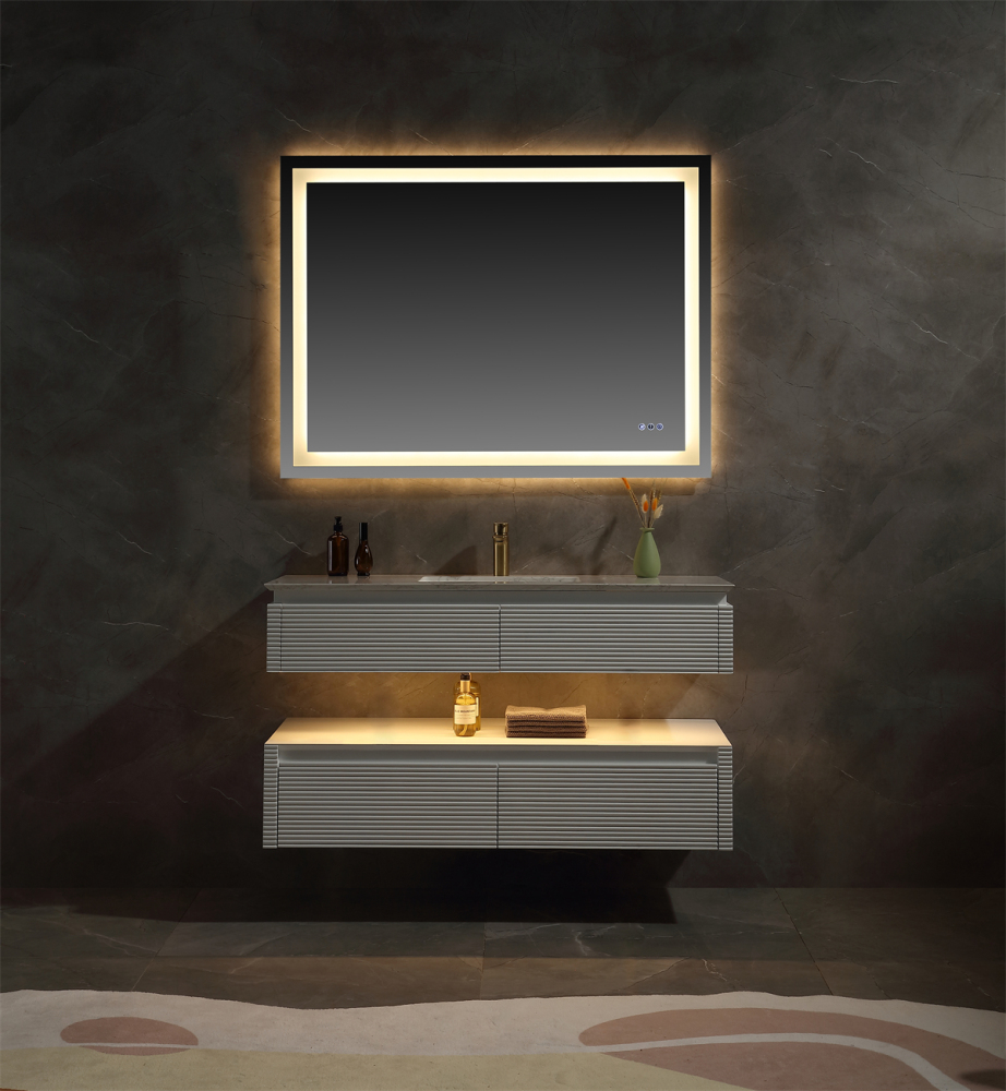 48" Solid Oak Two-Tier Bathroom Vanity with Porcelain Sink and Open Center Storage, White