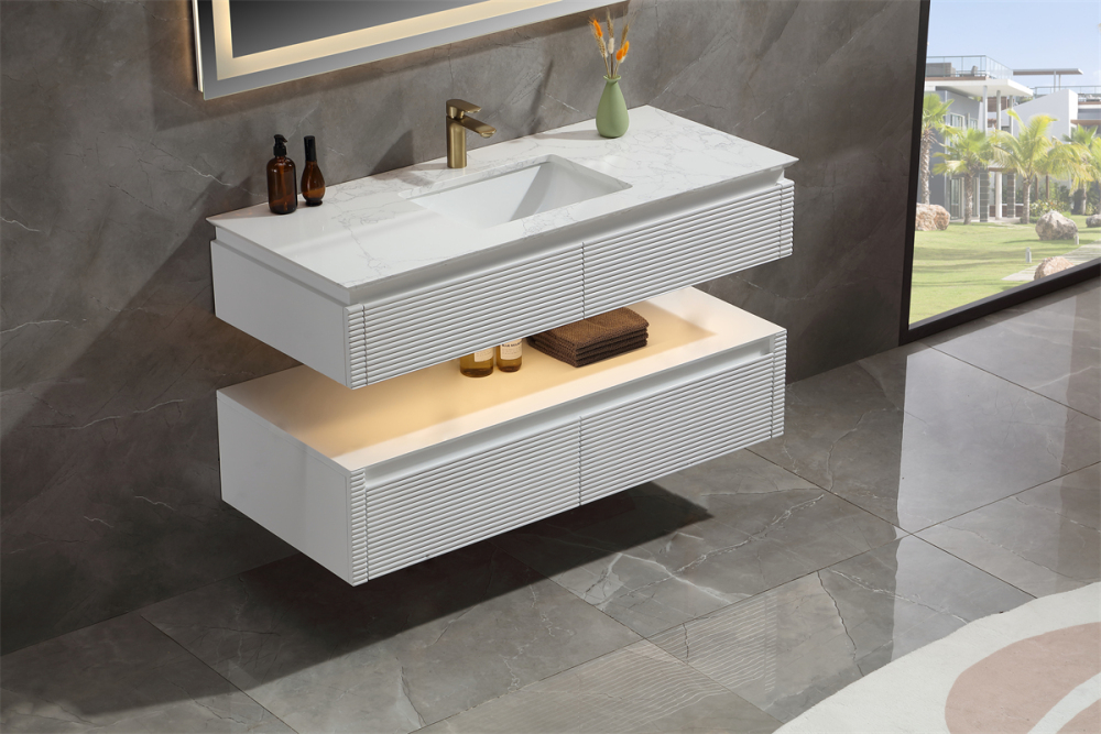 48" Solid Oak Two-Tier Bathroom Vanity with Porcelain Sink and Open Center Storage, White