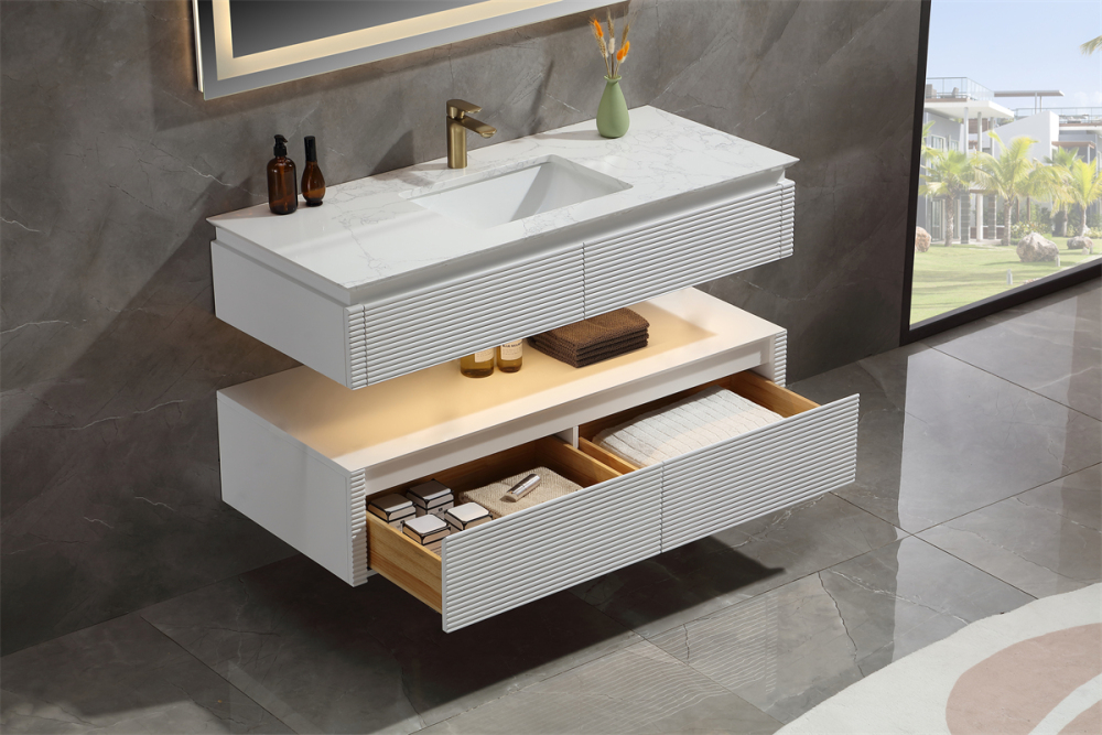 48" Solid Oak Two-Tier Bathroom Vanity with Porcelain Sink and Open Center Storage, White