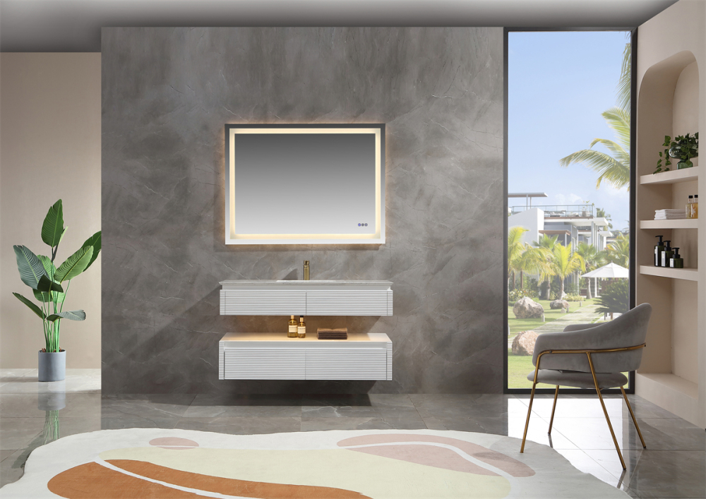 48" Solid Oak Two-Tier Bathroom Vanity with Porcelain Sink and Open Center Storage, White