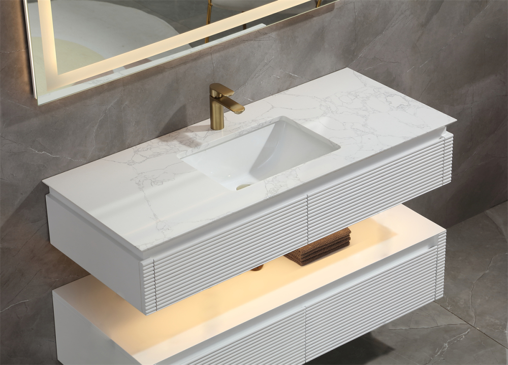 48" Solid Oak Two-Tier Bathroom Vanity with Porcelain Sink and Open Center Storage, White