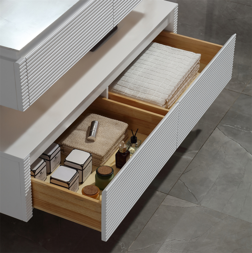 48" Solid Oak Two-Tier Bathroom Vanity with Porcelain Sink and Open Center Storage, White