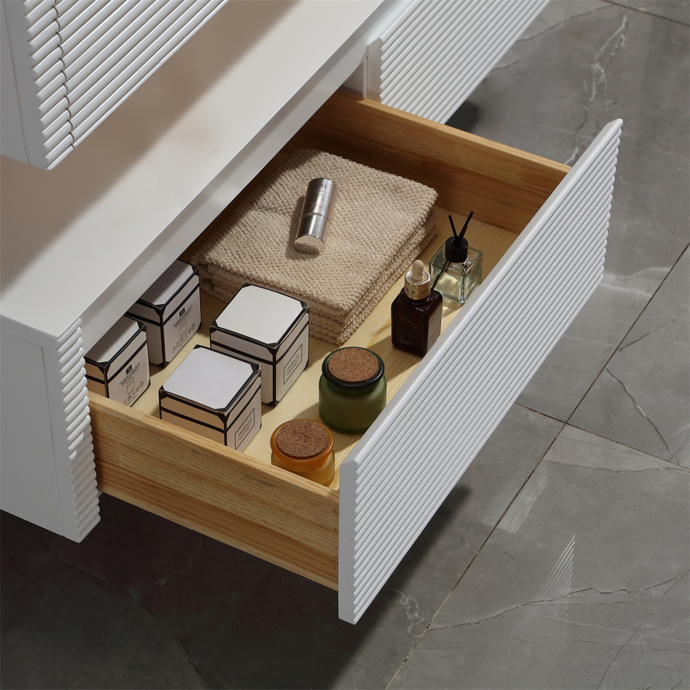 48" Solid Oak Two-Tier Bathroom Vanity with Porcelain Sink and Open Center Storage, White
