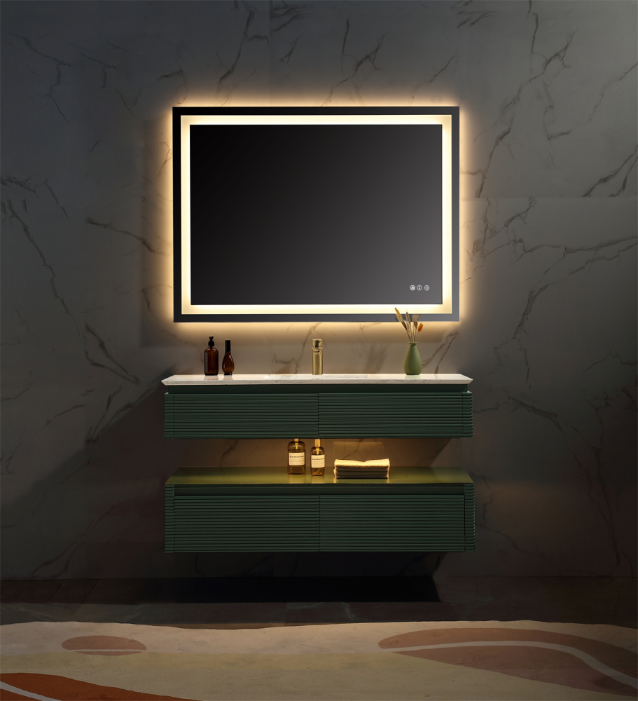48" Solid Oak Two-Tier Bathroom Vanity with Porcelain Sink and Open Center Storage, Green