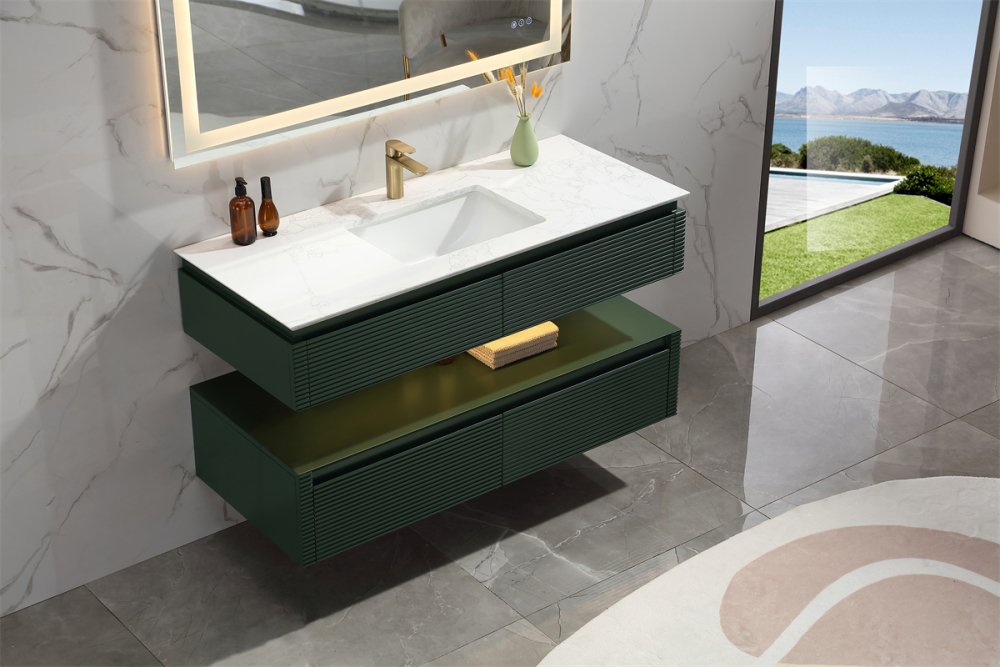 48" Solid Oak Two-Tier Bathroom Vanity with Porcelain Sink and Open Center Storage, Green