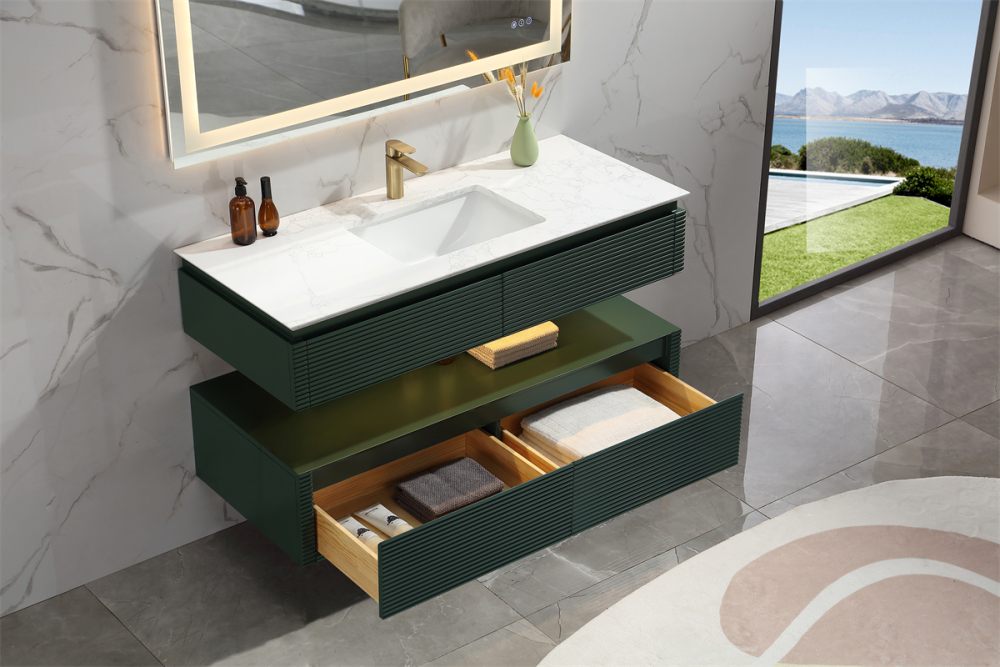 48" Solid Oak Two-Tier Bathroom Vanity with Porcelain Sink and Open Center Storage, Green
