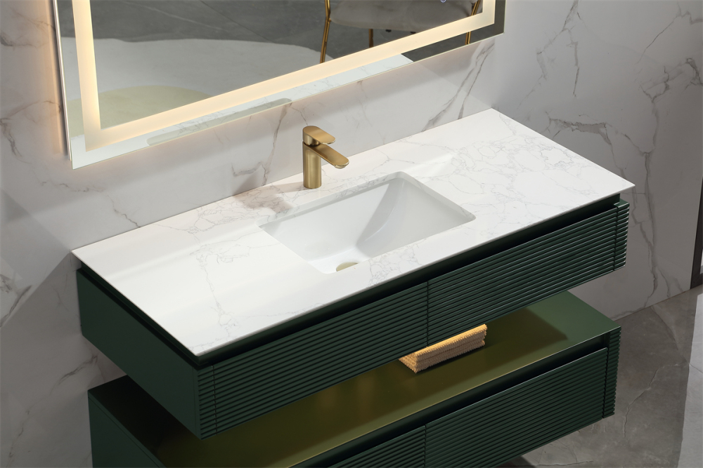 48" Solid Oak Two-Tier Bathroom Vanity with Porcelain Sink and Open Center Storage, Green