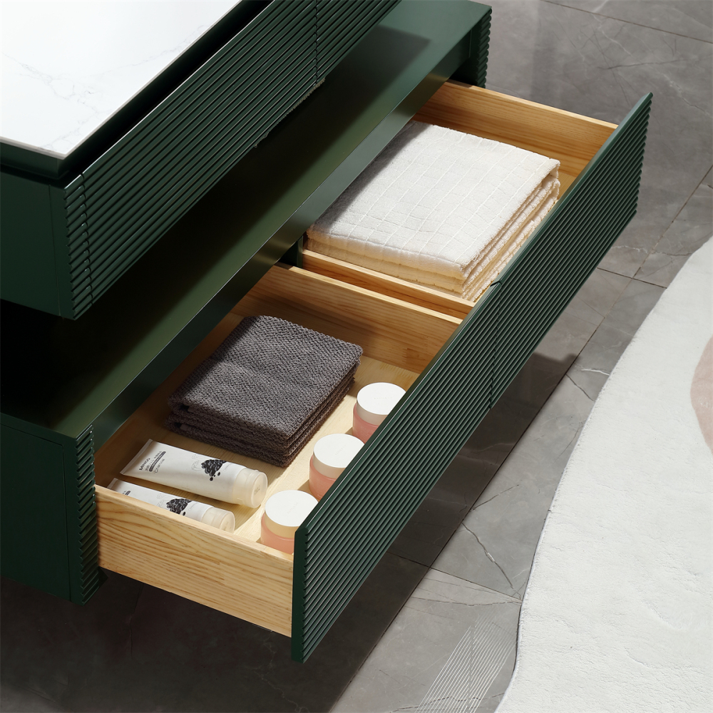 48" Solid Oak Two-Tier Bathroom Vanity with Porcelain Sink and Open Center Storage, Green